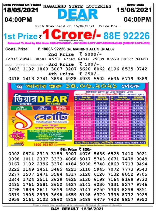 Lottery Sambad Result Today 15 June 2021