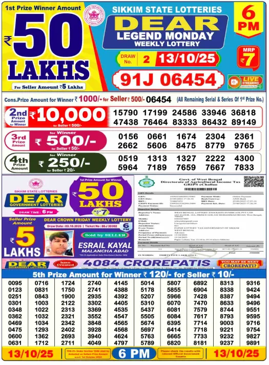 Lottery Result Image for October 13, 2025