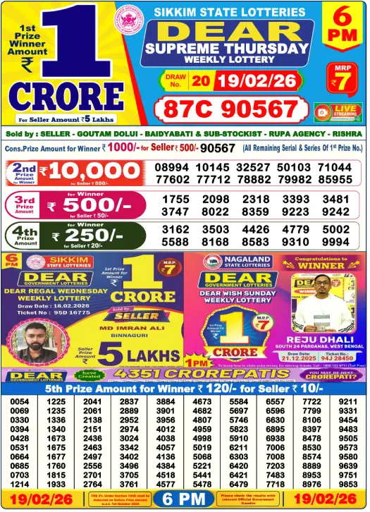 Lottery Sambad 1PM Result 19 February 2026