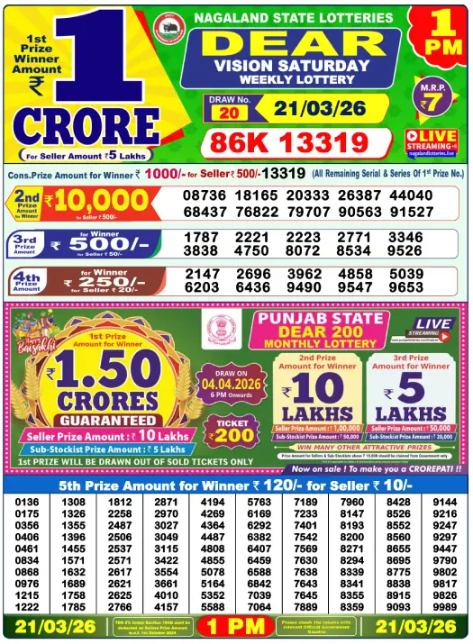 Lottery Sambad 1 PM Result 22 March 2026