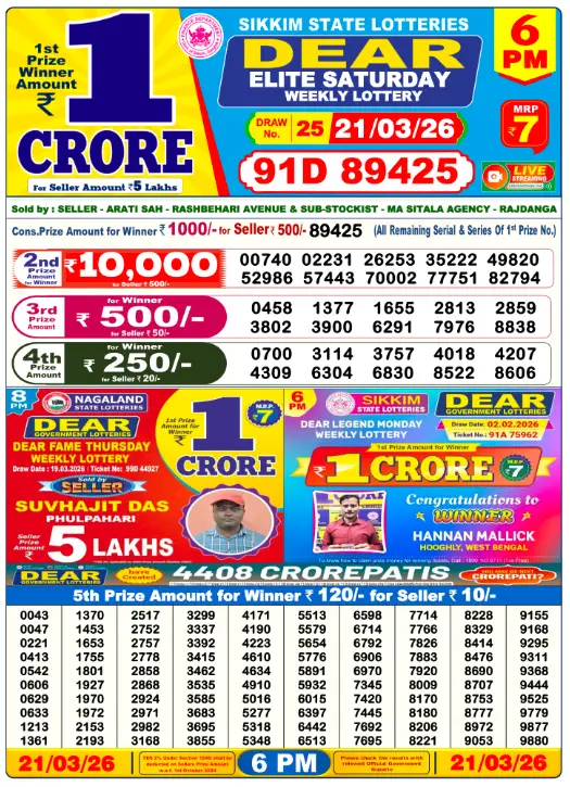 Lottery Sambad 6 PM Result 22 March 2026
