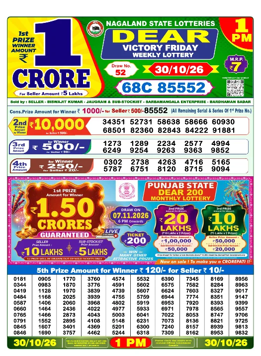 Dear Lottery Sambad 1 PM 30 October 2026 Winner List