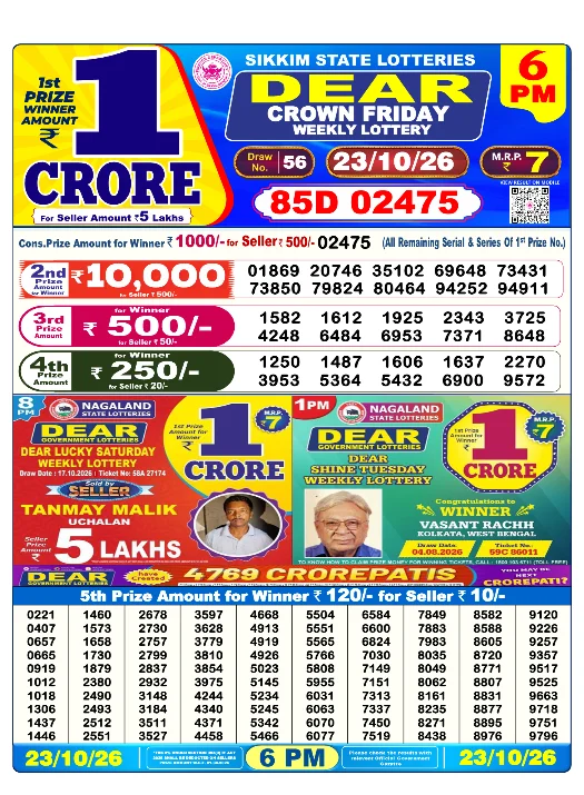 Dear Lottery Sambad 6 PM 23 October 2026 Winner List