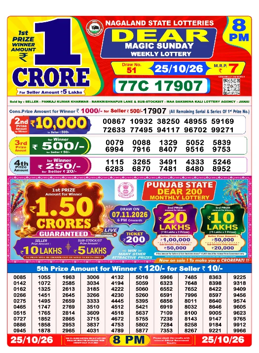 Dear Lottery Sambad 8 PM 25 October 2026 Winner List